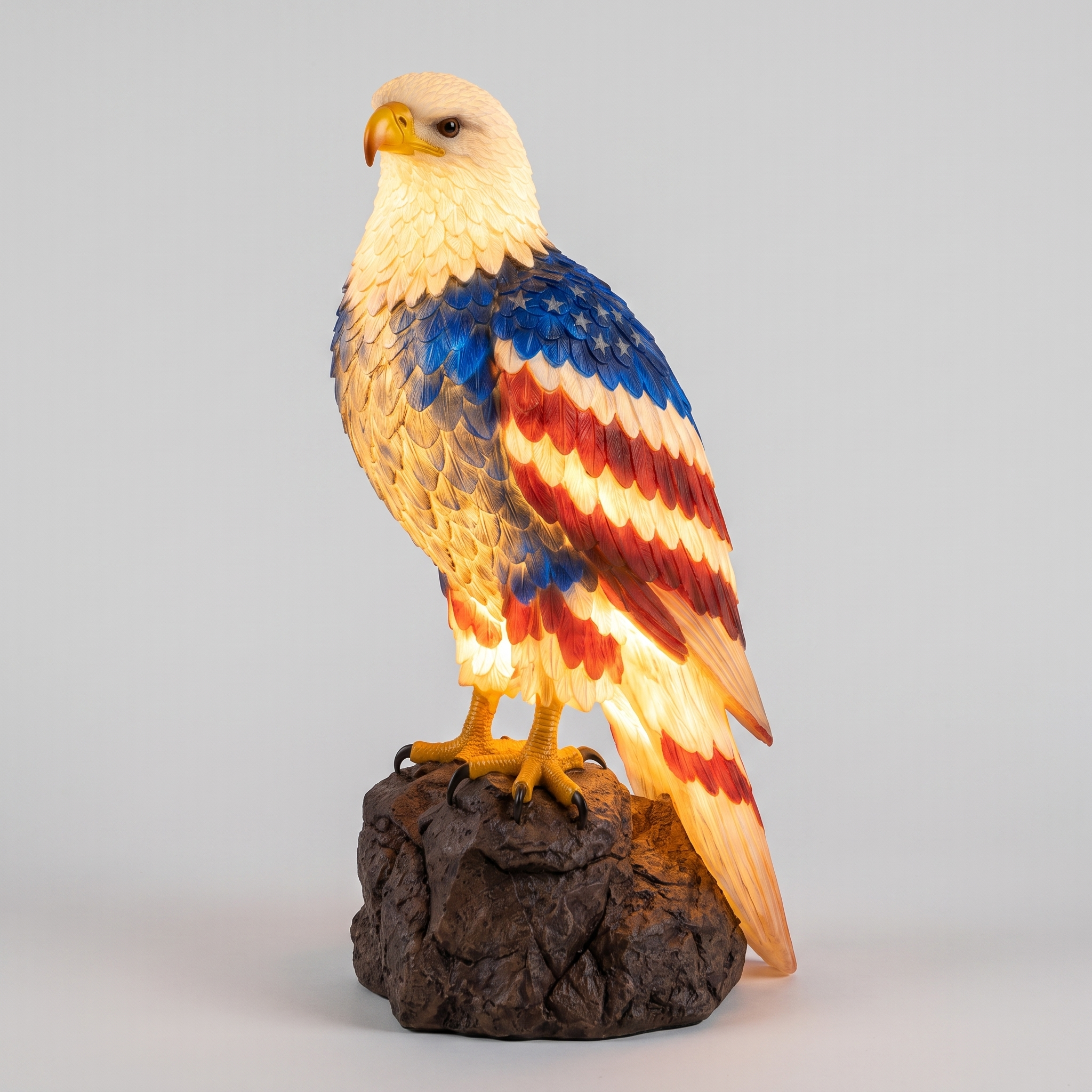 Liberty Lamp American flag bald eagle lamp glowing, studio product photo
