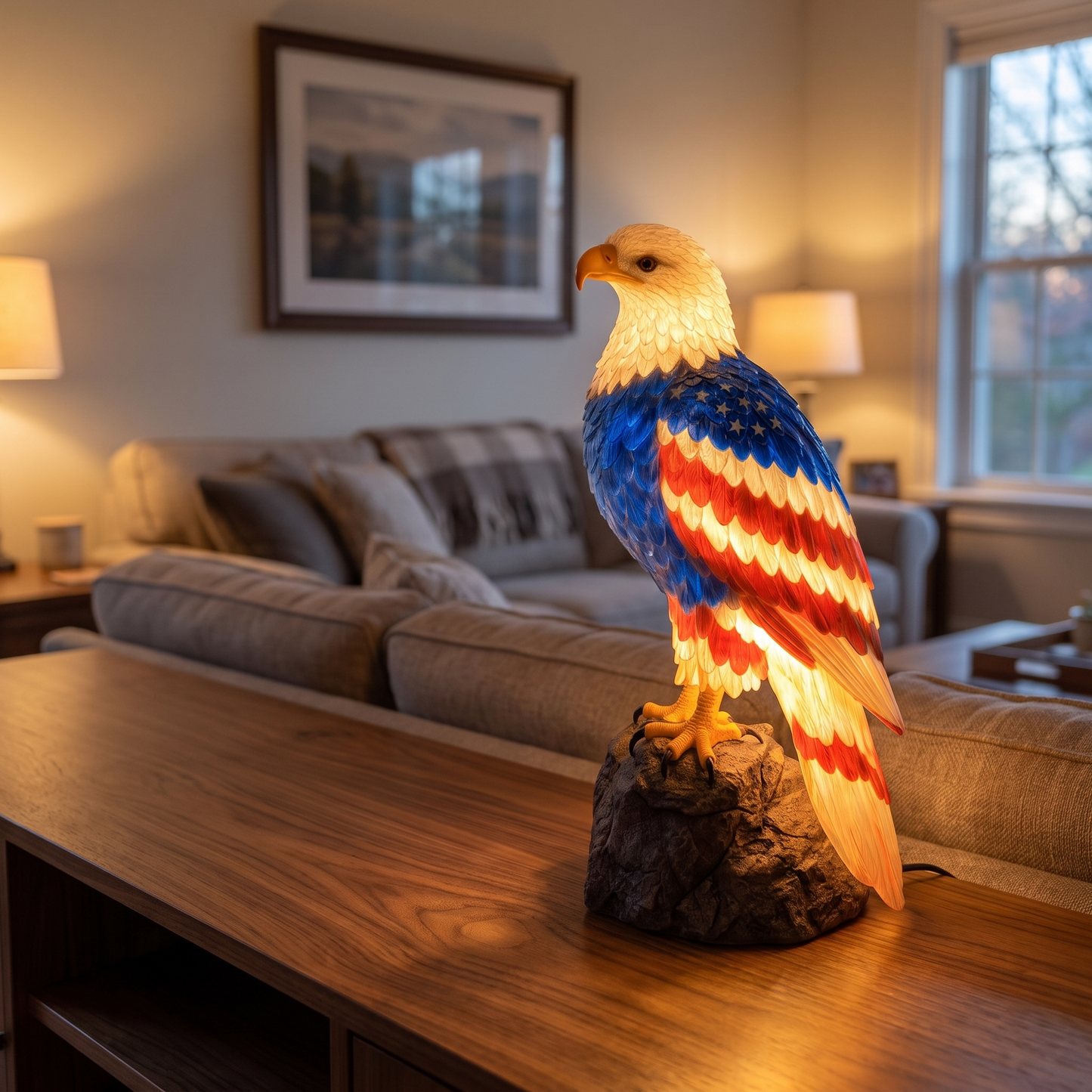 Liberty Lamp glowing on a living room console table at dusk