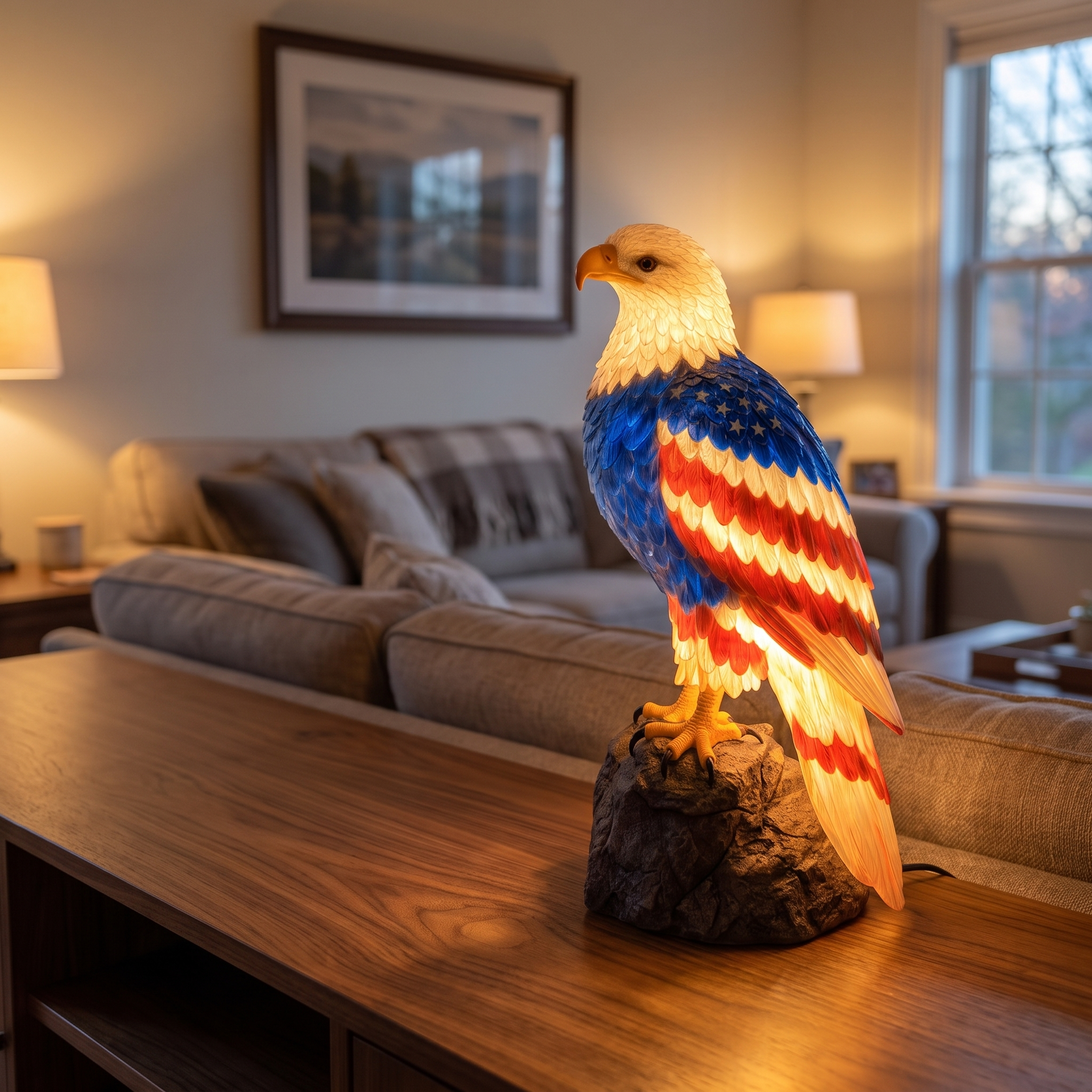Liberty Lamp glowing on a living room console table at dusk