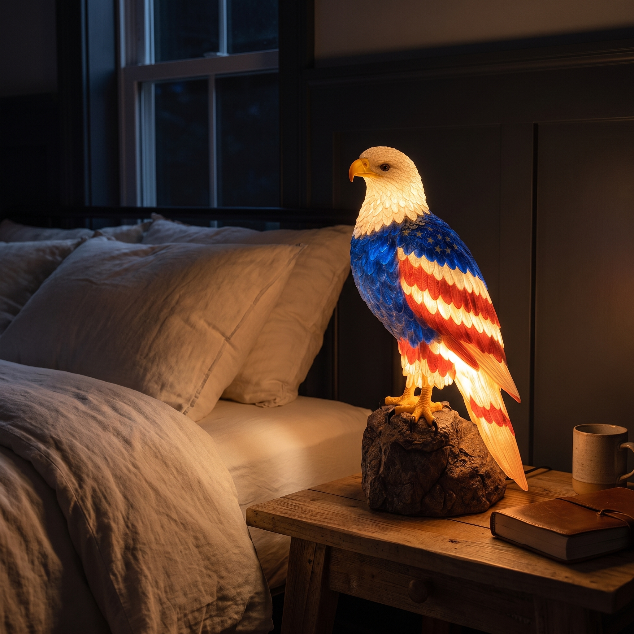 Liberty Lamp glowing on a bedroom nightstand at night
