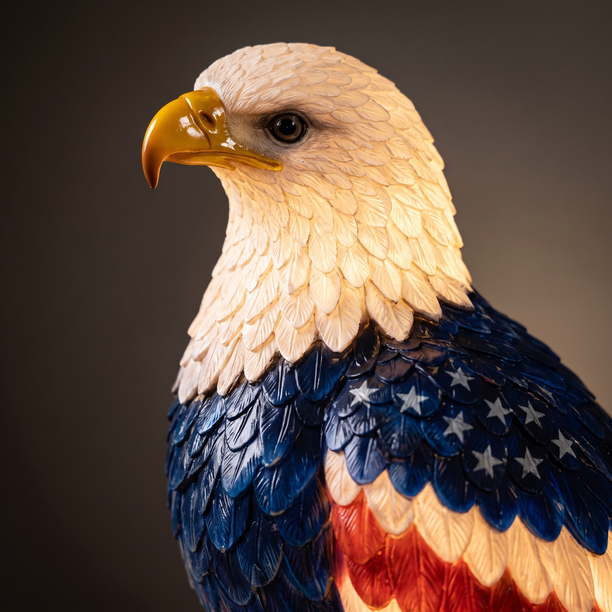 Close-up detail of the hand-painted American flag eagle feathers and head