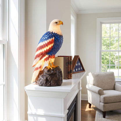 Liberty Lamp on a white fireplace mantel in daylight with books and folded flag